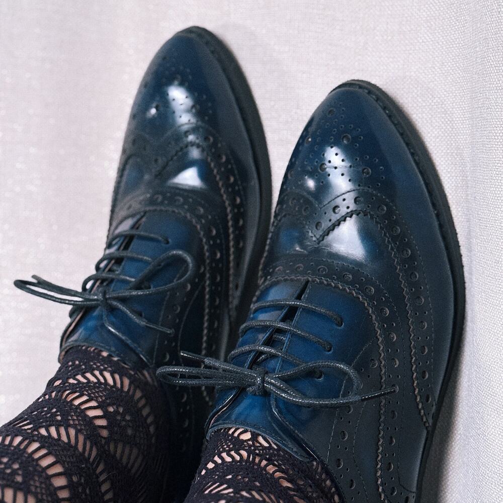 Navy Leather Wingtip Brogues, Lace-Up Oxford Shoes
